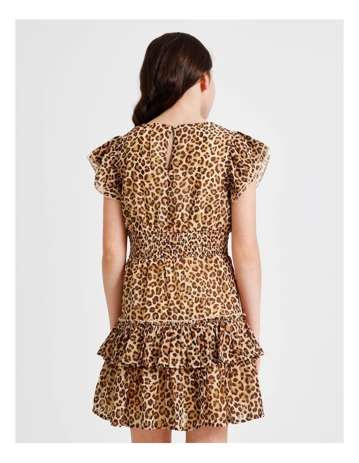 Izzy Senior Short Sleeve Lurex Mini Dress with Leopard Print, Ruffles and Shirred Waist in Multi image 6