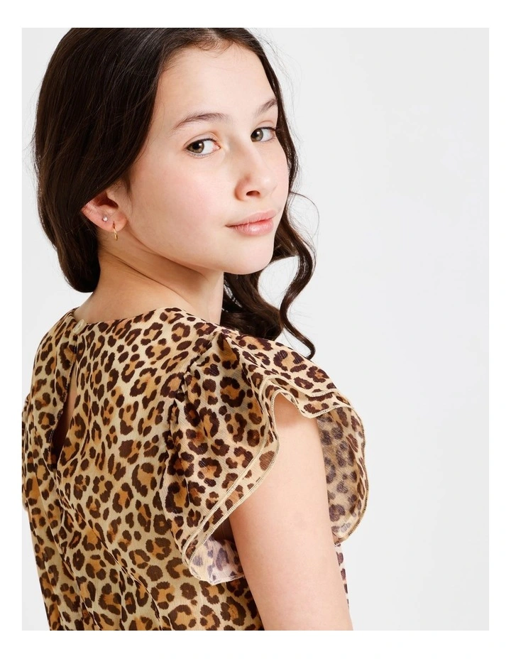 Izzy Senior Short Sleeve Lurex Mini Dress with Leopard Print, Ruffles and Shirred Waist in Multi image 7