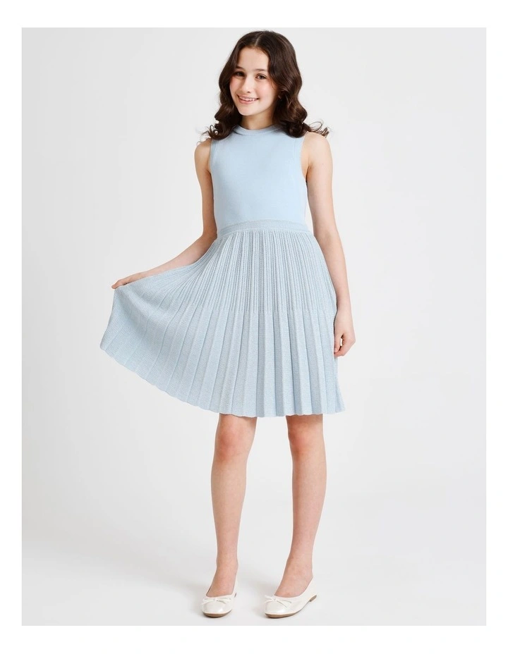 Ally Senior Sleeveless Knitted Dress with Lurex Skirt in Light Blue image 2