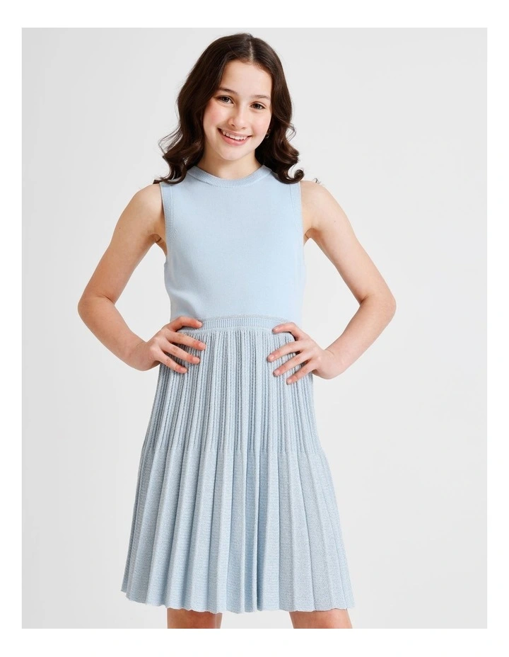 Ally Senior Sleeveless Knitted Dress with Lurex Skirt in Light Blue image 3