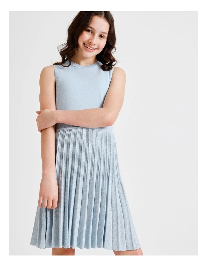 Ally Senior Sleeveless Knitted Dress with Lurex Skirt in Light Blue image 5