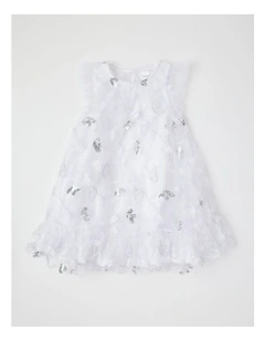 Evie Junior Short Sleeve A-line Dress With 3D Tulle and Sequins in White