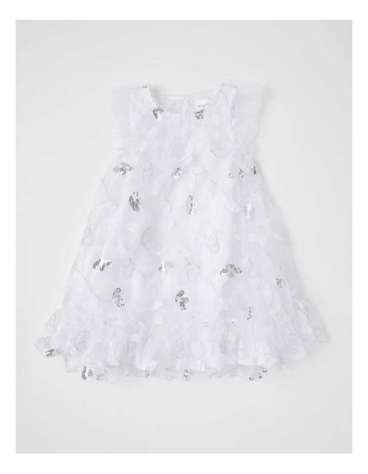 Evie Junior Short Sleeve A-line Dress With 3D Tulle and Sequins in White image 1