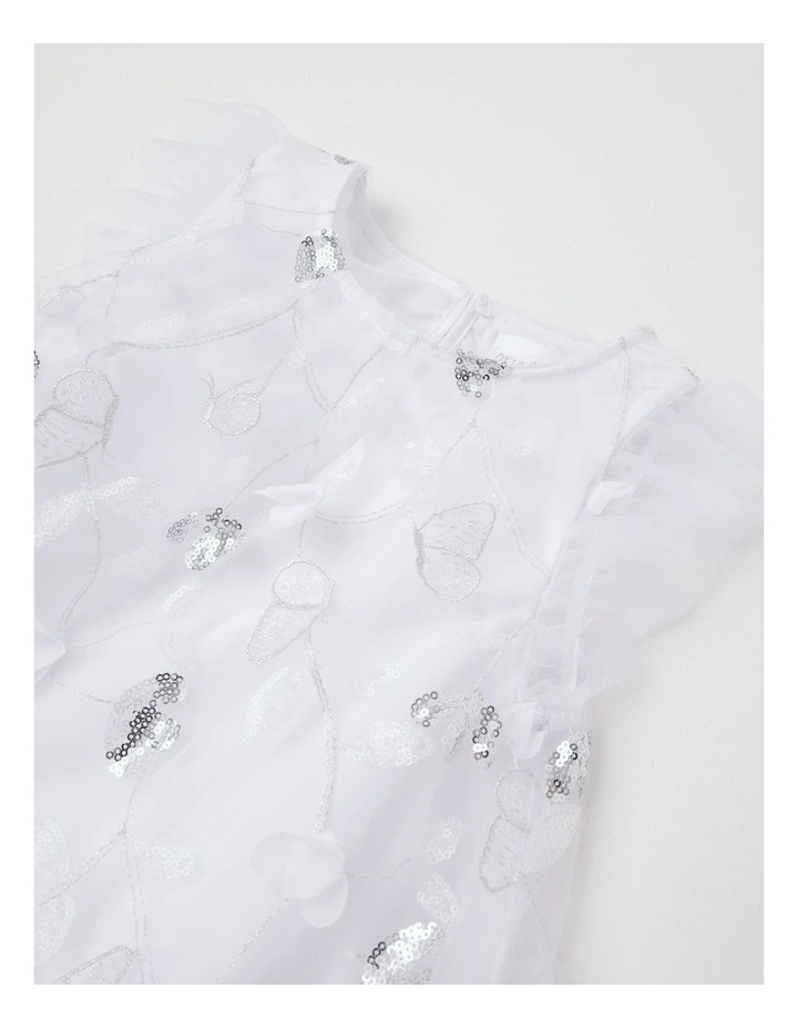 Evie Junior Short Sleeve A-line Dress With 3D Tulle and Sequins in White image 2