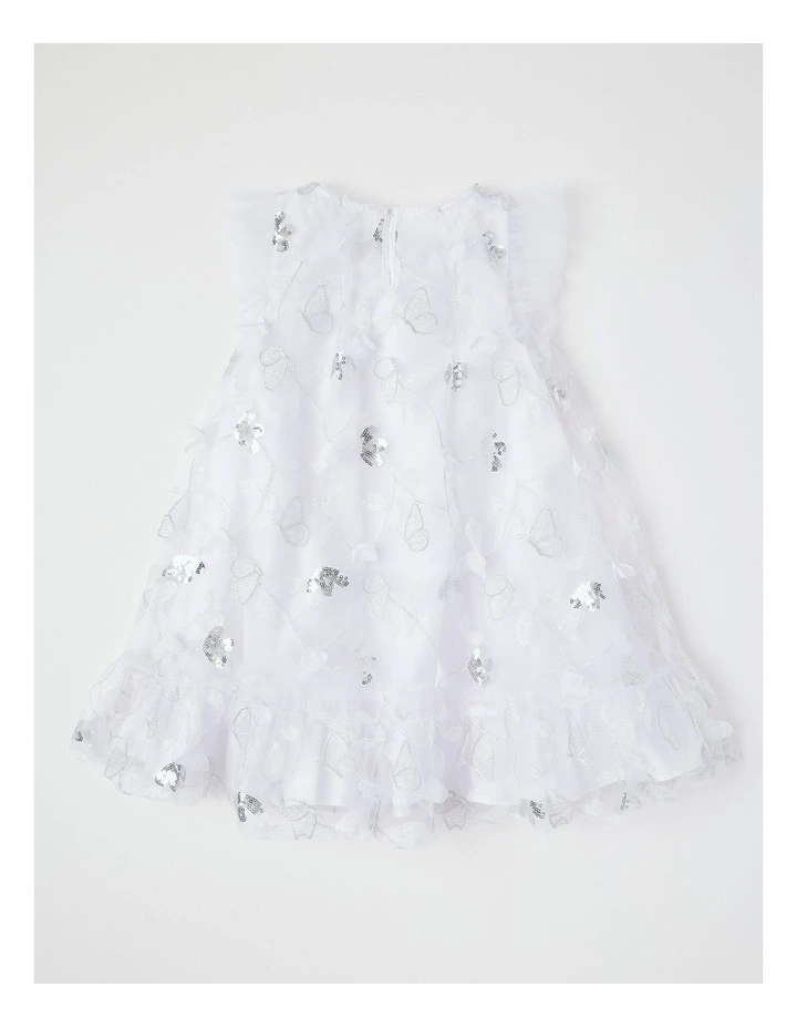 Evie Junior Short Sleeve A-line Dress With 3D Tulle and Sequins in White image 3