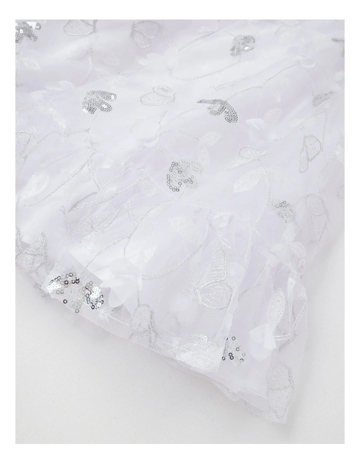 Evie Junior Short Sleeve A-line Dress With 3D Tulle and Sequins in White image 4