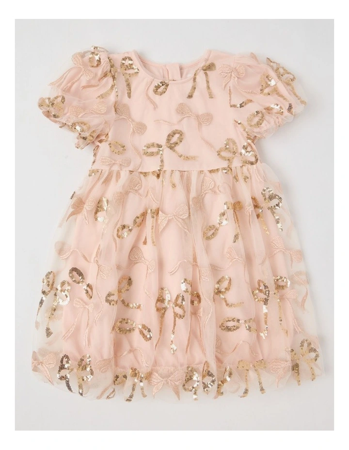 Gigi Dress with Bubble Sleeve & Embellished Tulle in Gold image 1