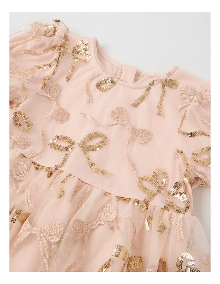 Gigi Dress with Bubble Sleeve & Embellished Tulle in Gold image 2