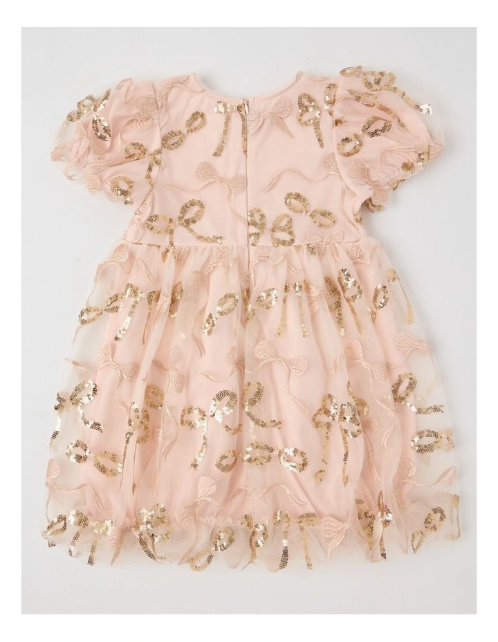 Gigi Dress with Bubble Sleeve & Embellished Tulle in Gold image 3
