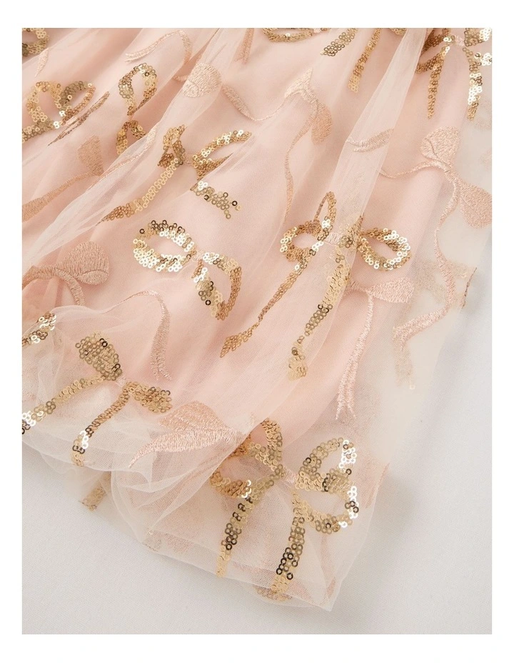Gigi Dress with Bubble Sleeve & Embellished Tulle in Gold image 4