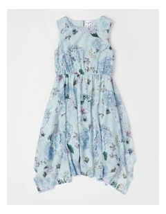 Handkerchief Dress with Floral Print & Gold Foil in Blue