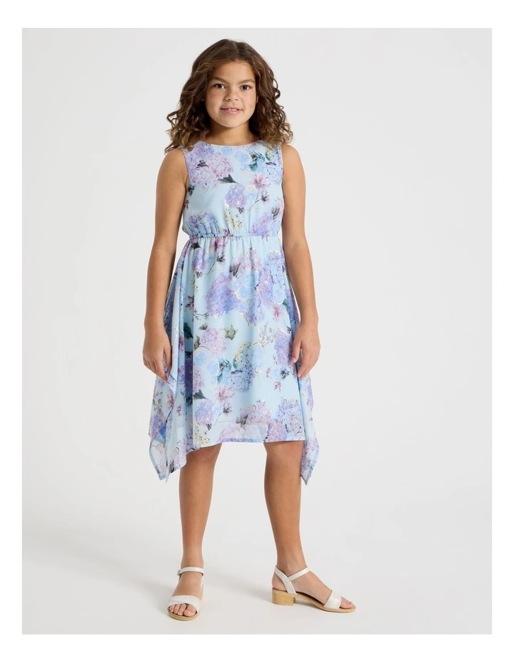 Handkerchief Dress with Floral Print & Gold Foil in Blue image 2