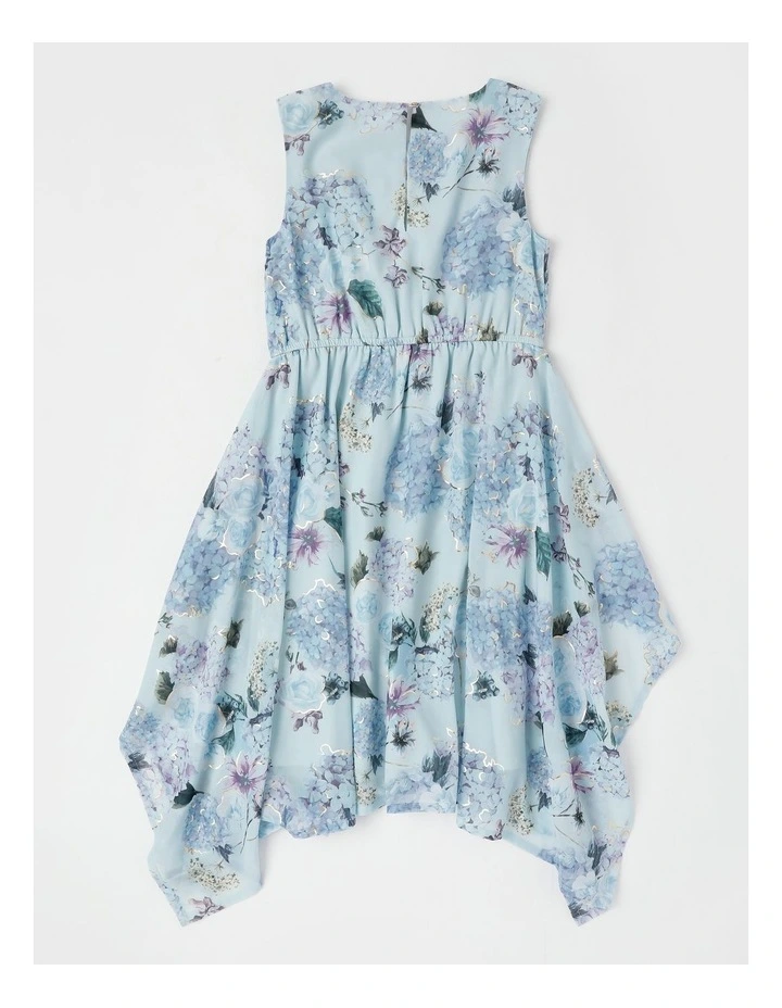 Handkerchief Dress with Floral Print & Gold Foil in Blue image 2