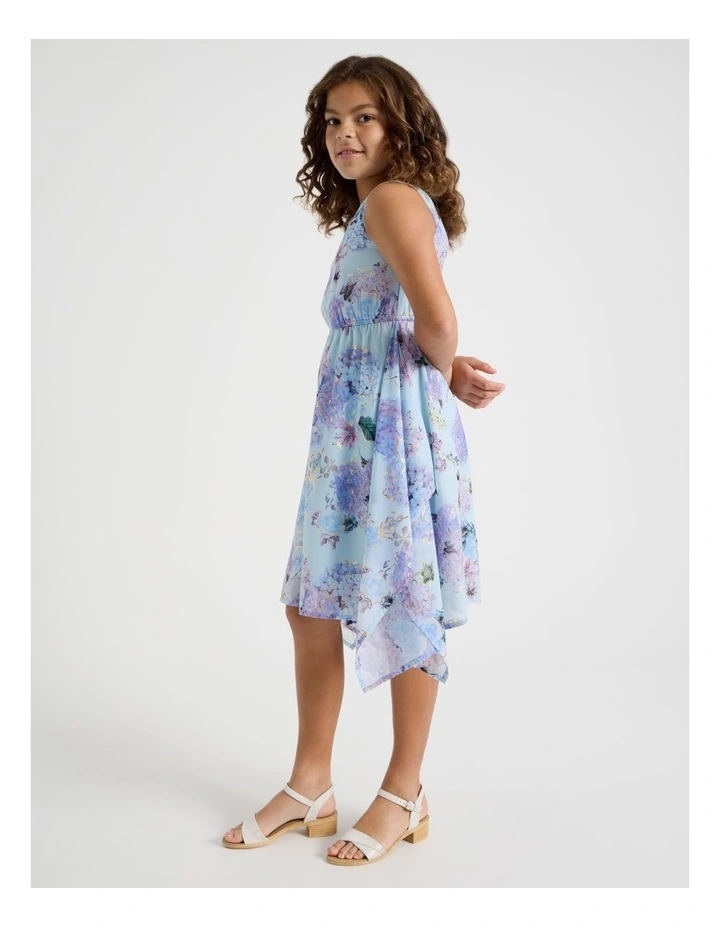 Handkerchief Dress with Floral Print & Gold Foil in Blue image 3