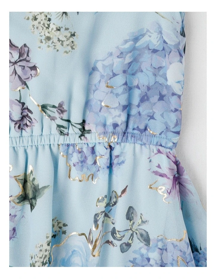 Handkerchief Dress with Floral Print & Gold Foil in Blue image 4