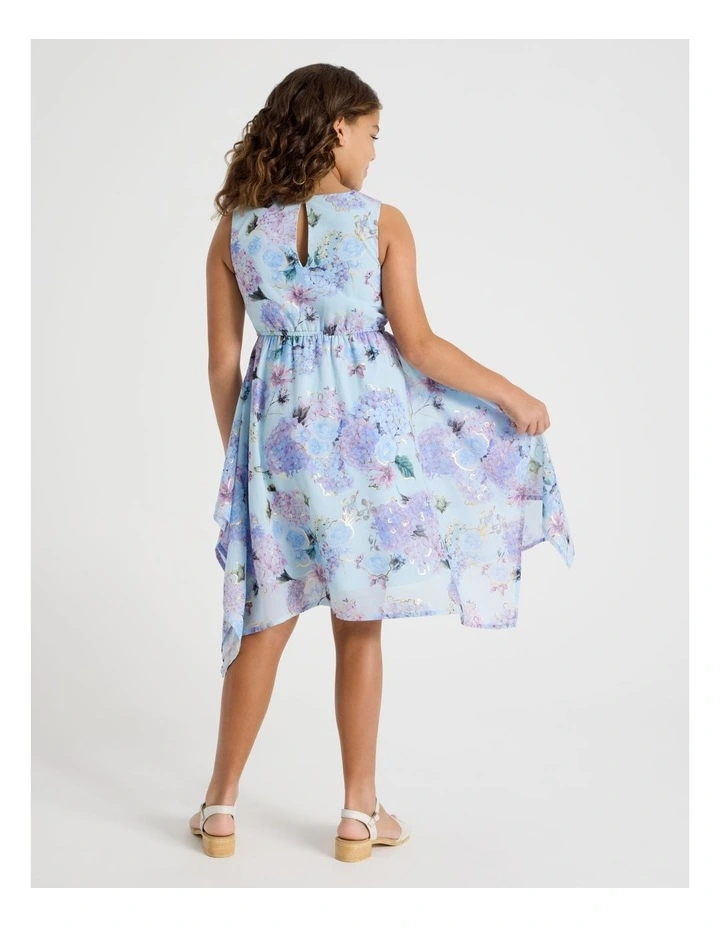 Handkerchief Dress with Floral Print & Gold Foil in Blue image 5