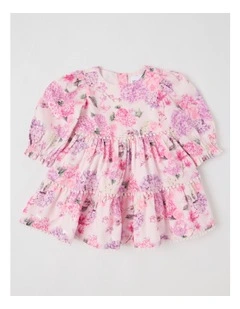 Maisie Tiered Dress with Bobble Trim in Pink