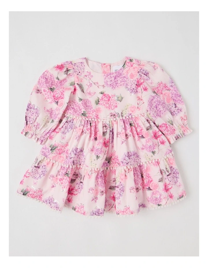 Maisie Tiered Dress with Bobble Trim in Pink image 1
