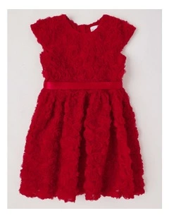 Rose Fit & Flare Rosette Dress with Oversized Bow in Berry
