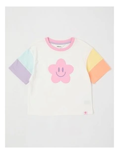 Short Sleeve Splice Colourblock Tee in Pink Smiley/White