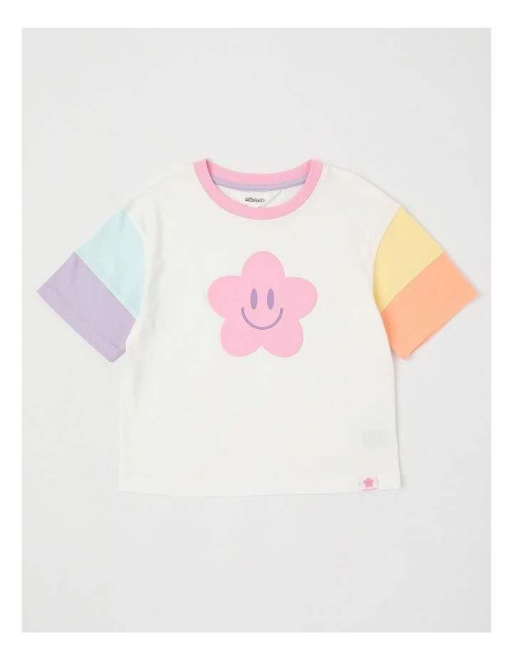 Short Sleeve Splice Colourblock Tee in Pink Smiley/White image 1