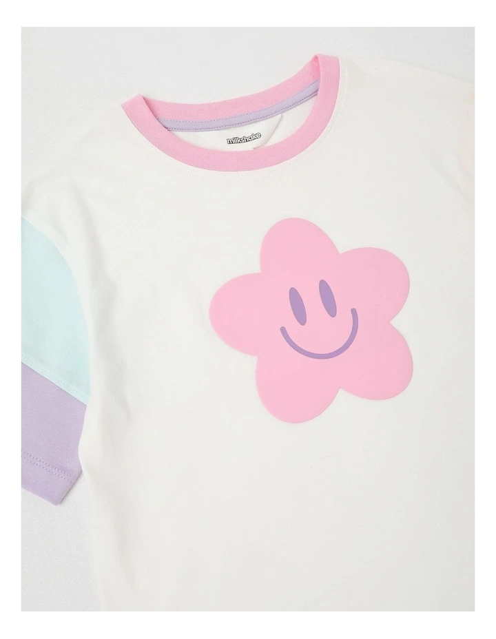 Short Sleeve Splice Colourblock Tee in Pink Smiley/White image 2