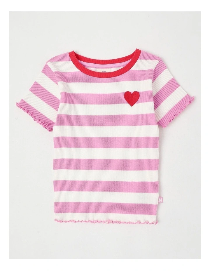 Rib T-Shirt with Heart Placement in Wide Stripes Pink image 1