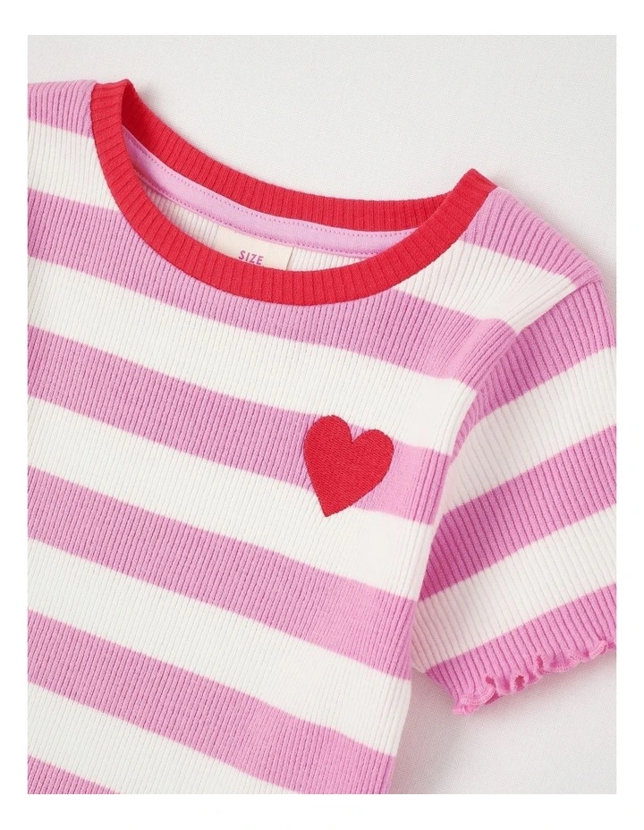 Rib T-Shirt with Heart Placement in Wide Stripes Pink image 2
