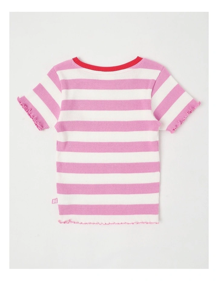 Rib T-Shirt with Heart Placement in Wide Stripes Pink image 3