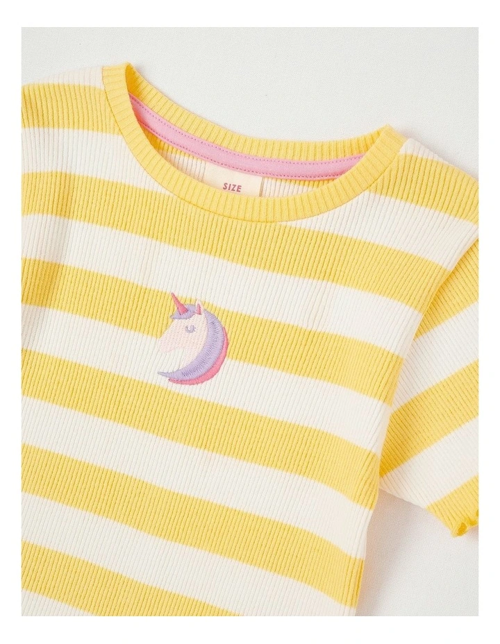 Rib T-Shirt with Unicorn in Yellow & White Stripes image 2
