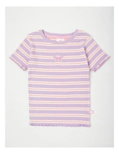 Rib T-Shirt with Butterfly Placement Embroidery in Lilac & Orange Stripes