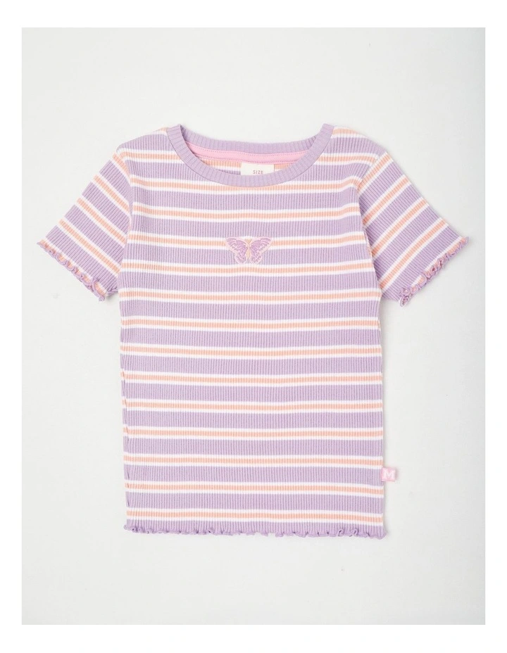 Rib T-Shirt with Butterfly Placement Embroidery in Lilac & Orange Stripes image 1