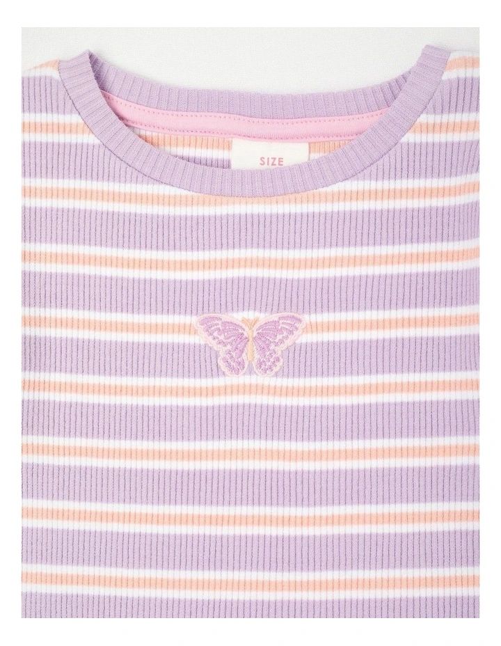 Rib T-Shirt with Butterfly Placement Embroidery in Lilac & Orange Stripes image 2