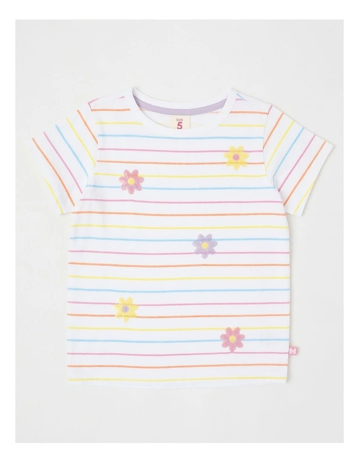 Sequin Applique T-Shirt in Daisies White & Multi Stripes image 1