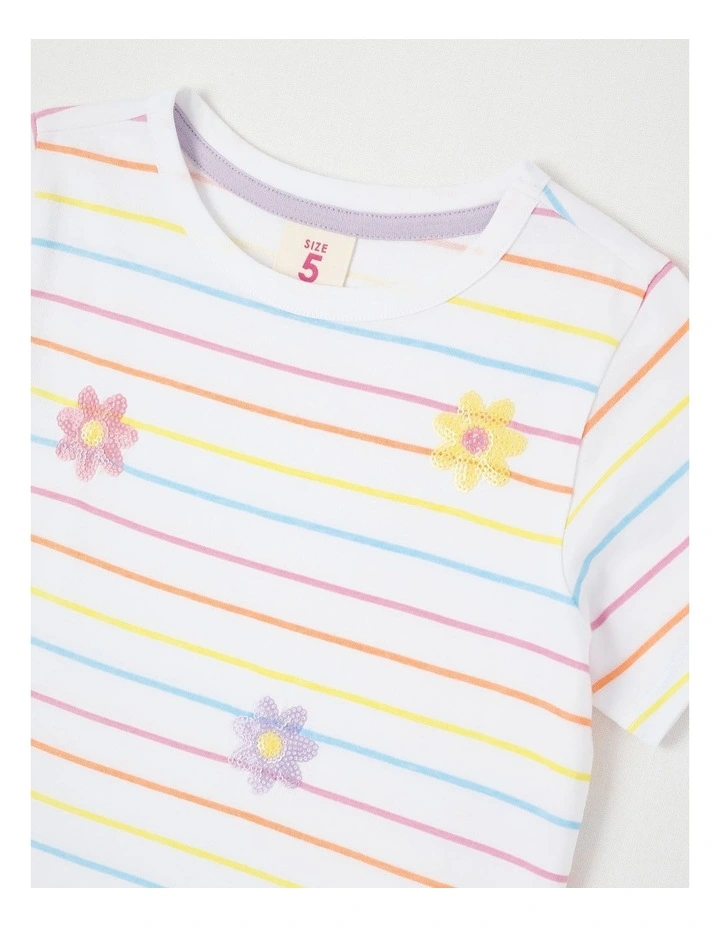 Sequin Applique T-Shirt in Daisies White & Multi Stripes image 2
