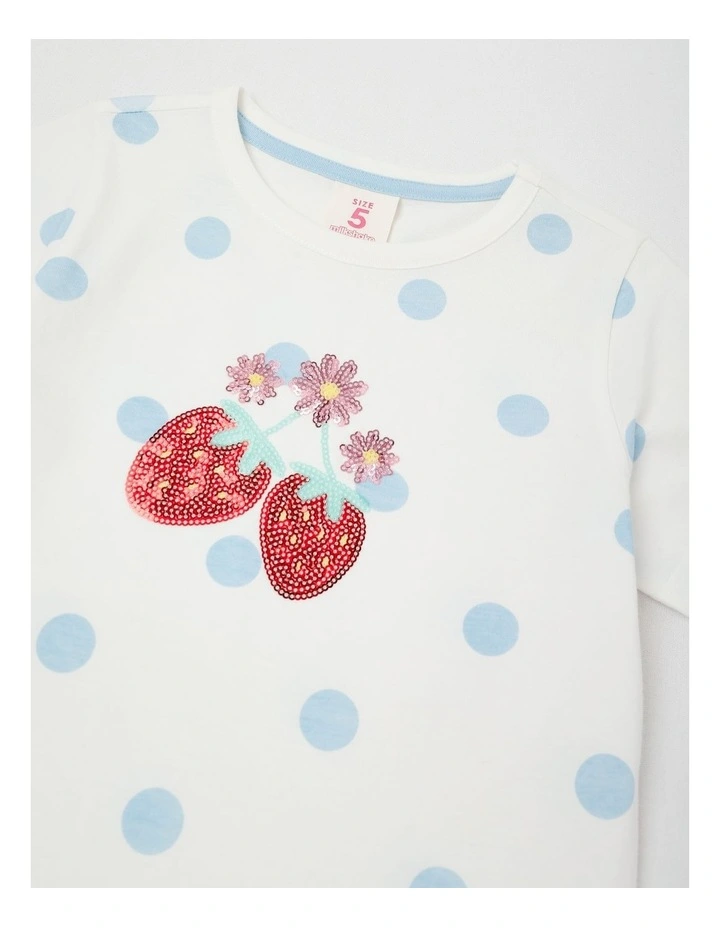 Sequin Applique T-Shirt in Strawberries/White & Blue Spots image 2
