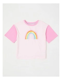 Short Sleeve Colourblock Top With Glitter Rainbow in Pink