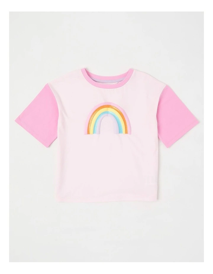 Short Sleeve Colourblock Top With Glitter Rainbow in Pink image 1