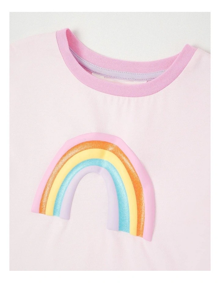 Short Sleeve Colourblock Top With Glitter Rainbow in Pink image 2