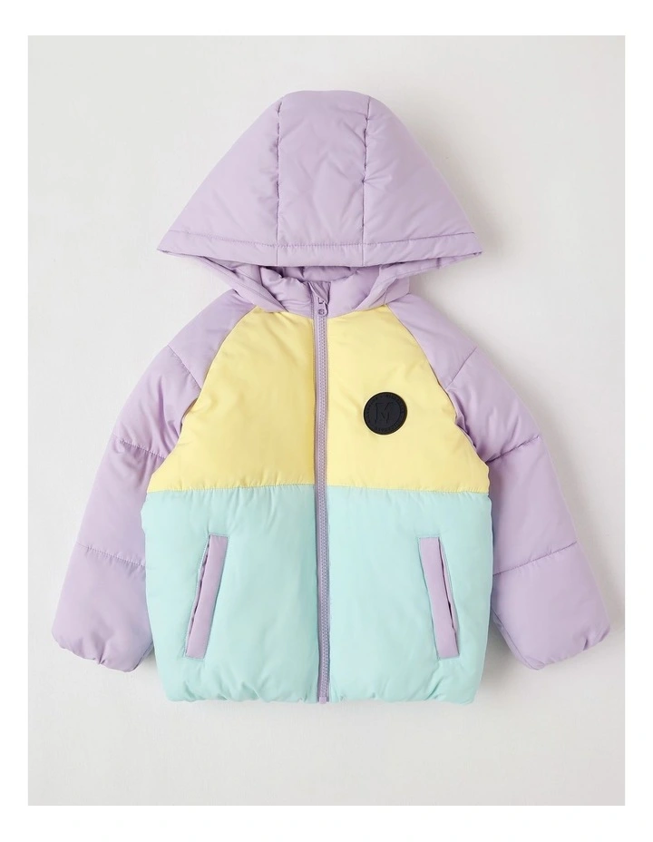 Hooded Puffer Jacket in Purple Yellow & Light Blue image 1