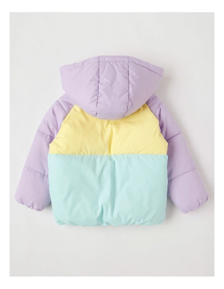 Hooded Puffer Jacket in Purple Yellow & Light Blue image 3