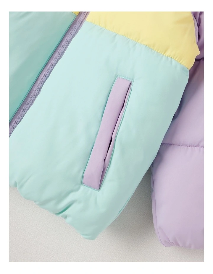 Hooded Puffer Jacket in Purple Yellow & Light Blue image 4