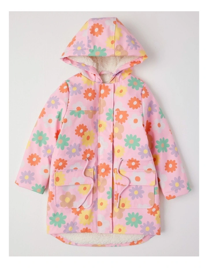 Hooded Raincoat with Sherpa Lining in Flower Pink image 1