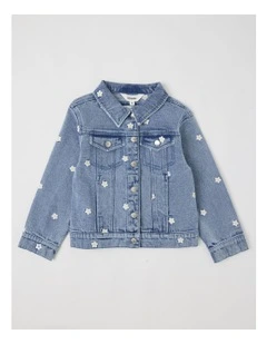 Denim Jacket with Daisy Embroidery in Mid Denim