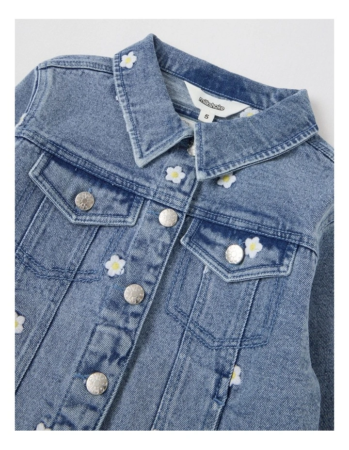 Denim Jacket with Daisy Embroidery in Mid Denim image 2