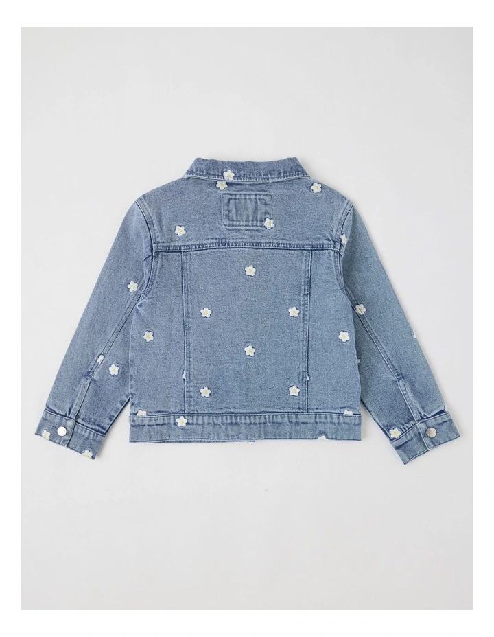 Denim Jacket with Daisy Embroidery in Mid Denim image 3