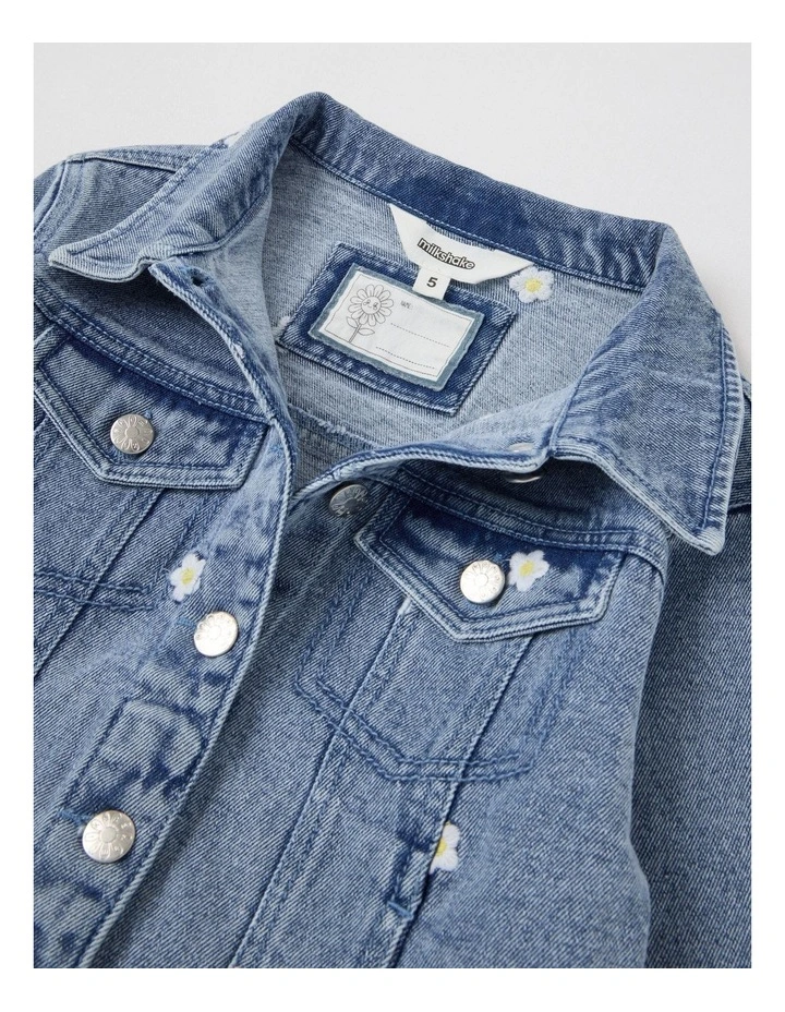 Denim Jacket with Daisy Embroidery in Mid Denim image 4