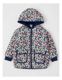 Quilted Puffer Coat with Sherpa Lining in Floral Navy