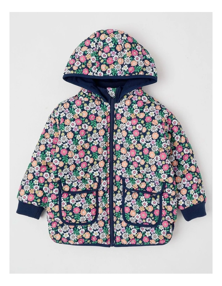 Quilted Puffer Coat with Sherpa Lining in Floral Navy image 1