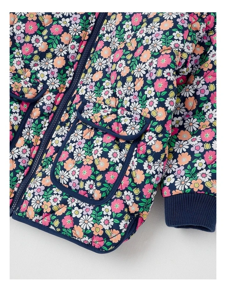 Quilted Puffer Coat with Sherpa Lining in Floral Navy image 2